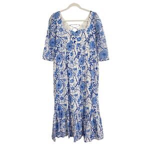 Madison Mathews Maxi Midi Ruffle Sweetheart Neck Blue Floral Block Print Dress